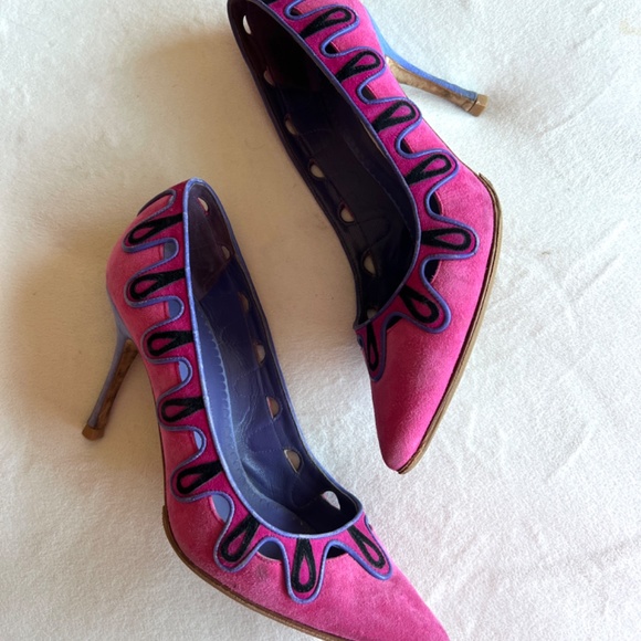 Manolo Blahnik Pink/Purple/Black Suede Heels - Picture 2 of 2